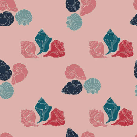Seashell. Seamless pattern with cartoon shell. Conch on pink. Vector.のイラスト素材