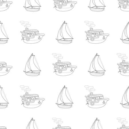Outline sailboat and ship. Seamless pattern with cartoon boats. Vector.のイラスト素材