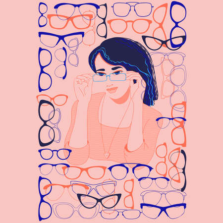 Young woman with glasses and handwritten text. Monochrome vector illustration.のイラスト素材