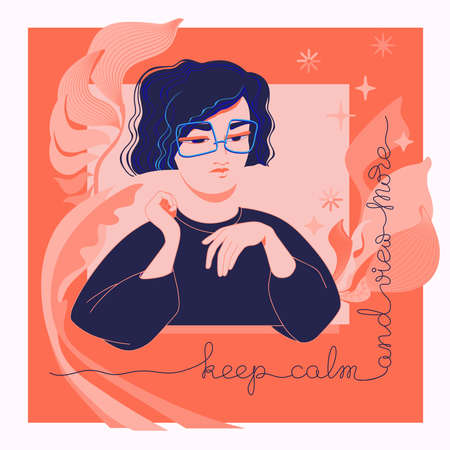 Young woman with glasses and handwritten text. Monochrome vector illustration.のイラスト素材
