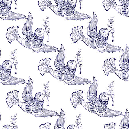 Dove of peace with olive branch. Seamless pattern. Vector illustration.のイラスト素材