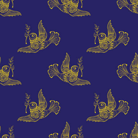 Dove of peace with olive branch. Seamless pattern. Vector illustration.のイラスト素材