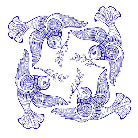 Dove of peace with olive branch. Outline Vector mandala.のイラスト素材
