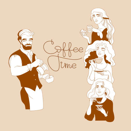 Man, women with a cup of coffee. Coffee Time. Vector.のイラスト素材