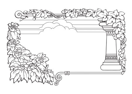 Vintage frame with a column and plants. Border. Vector illustration.のイラスト素材