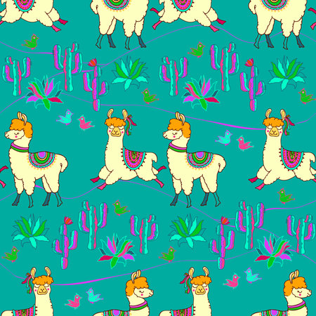 Llama seamless pattern. Agave, cacti, and animals. Alpaca, cactus. Vector.のイラスト素材