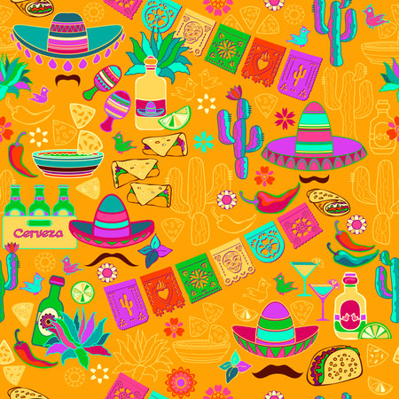 Fiesta seamless pattern. Mexican holiday colorful flat symbols. Vector illustration.のイラスト素材