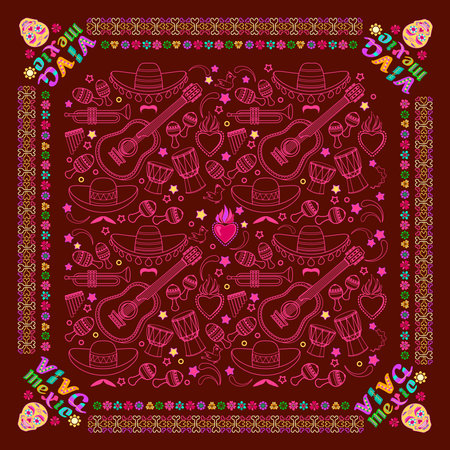 Mexican square pattern. Words Viva Mexico and symbols. Bandana. Vector.のイラスト素材