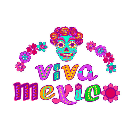 Viva Mexico, decorated logo. Cartoon letters, skull, flowers. Vector illustration.のイラスト素材