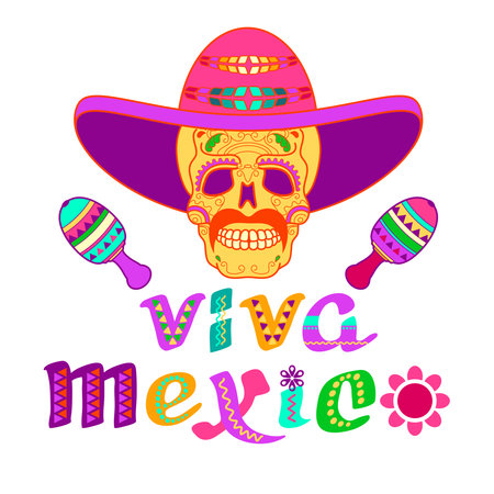 Viva Mexico, decorated logo. Cartoon letters, skull, maracas. Vector illustration.のイラスト素材