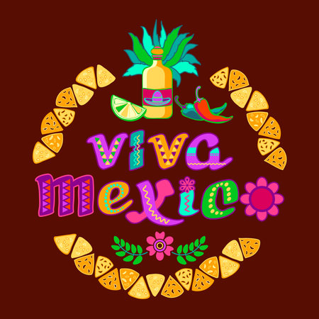 Viva Mexico, decorated logo. Cartoon letters, tequila, nachos. Vector illustration.のイラスト素材