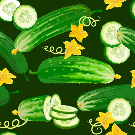 Vegetable seamless pattern of fresh cucumber, pieces, and flowers. Vector.のイラスト素材