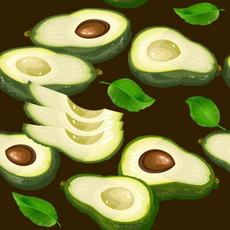 Vegetable seamless pattern of fresh avocado, pieces, and leaves. Vector.のイラスト素材