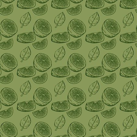 Fresh lemon, pieces, and leaves. Fruit seamless pattern. Vector illustration.のイラスト素材