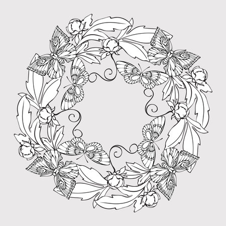 Floral outline mandala with butterflies and plants. Coloring page. Vector.のイラスト素材
