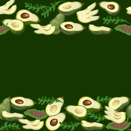 Avocado seamless pattern with pieces and leaves. Striped form. Vector.のイラスト素材