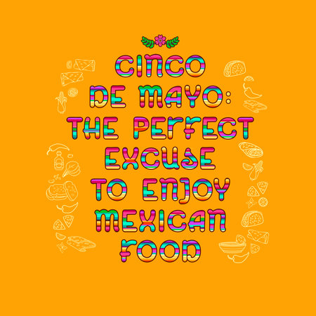 Cinco de Mayo. Bright letters and Mexican food. Vector illustration.のイラスト素材