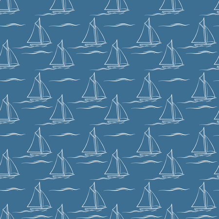 Sailboat and wave. Seamless pattern with cartoon boats. Vector texture.のイラスト素材