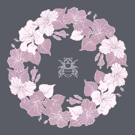 Botanical circle pattern with hibiscus and bumblebee. Wreath. Vector illustration.のイラスト素材