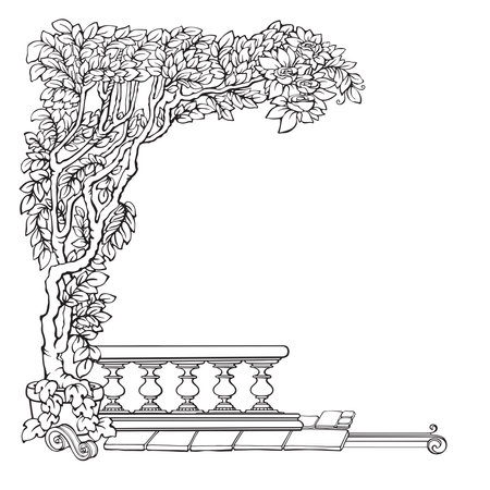 Botanical corner with tropical plants. Black and white. Vector illustration.のイラスト素材