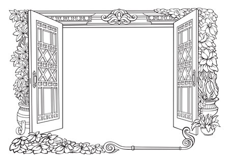 Botanical border with an open door and tropical plants.Vector.のイラスト素材