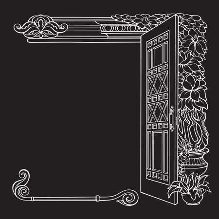 Botanical corner pattern with tropical flowers and open door. Vectorのイラスト素材