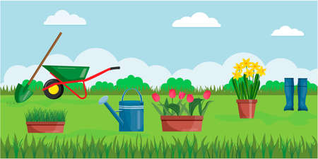 Gardening tools and trees in garden. Backyard garden with shovel and garden boots, watering can, whellbarow and wheel on background.のイラスト素材