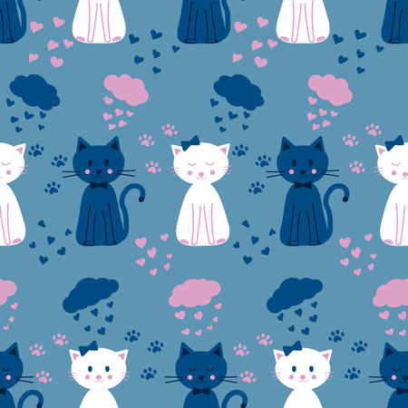 Seamless pattern with funny cats, clouds and hearts on a blue background. Vector illustration.のイラスト素材