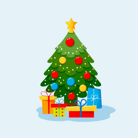 Christmas tree with star, gift boxes, star, lights, decoration balls and lamps. Vector flat plane style illustration.のイラスト素材