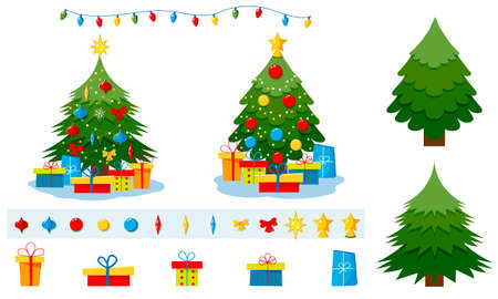 Set with Christmas tree with star, gift boxes, star, lights, decoration balls and lamps. Vector flat plane style illustration.のイラスト素材
