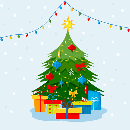 Christmas tree, Christmas eve with star, gift boxes, star, lights, decoration balls and lamps. Vector flat plane style illustration.のイラスト素材