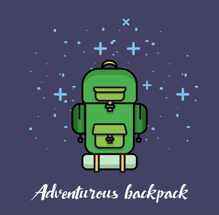 Bright green backpack for travelling isolated illustration on dark background with shine. Vector illustration.のイラスト素材