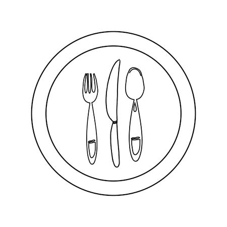 .Hand drawn illustration for restaurants, cafe, menu. Plate, fork, knife and spoon.のイラスト素材