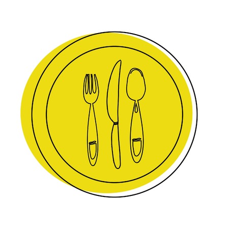 .Hand drawn illustration for restaurants, cafe, menu. Plate, fork, knife and spoon.のイラスト素材