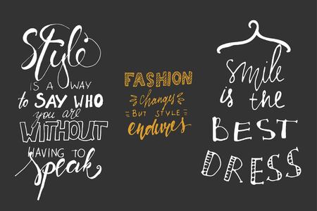 Style is a way to say who you are without having to speak. Fashion changes, but style endures. Smile is the best dress. Hand drawn tee graphic. Typographic print poster. T shirt hand lettered calligraphic design. Fashion style illustration. Fashion quote.のイラスト素材