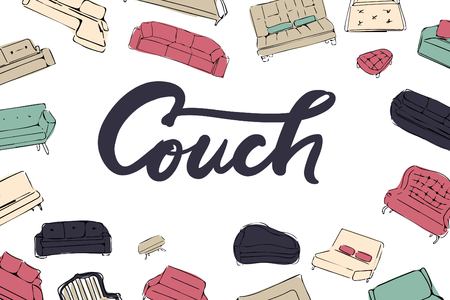 Couch big set. Vector hand drawn illustration. For interiors projects.のイラスト素材