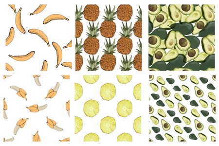 Avocado, banana, pineapple vector illustration. Food background.