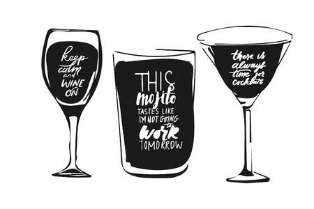 Keep calm and wine on. There is always time for cocktail. Cocktail hand drawn illustration for your design: menu, cardsのイラスト素材