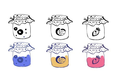 Jars in sketch style vector illustration. Hand drawn  orange, strawberry, blueberry jamのイラスト素材