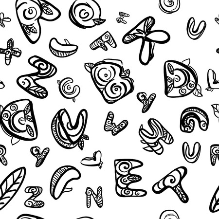 Hand drawn latin font. Doodle style. Flloral vector symbols. Seamless patternのイラスト素材