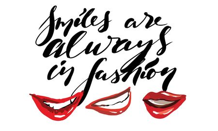 Smiles are always in fashion. Fashion quote. Hand lettering for your design: t-shirt, bags, postersのイラスト素材