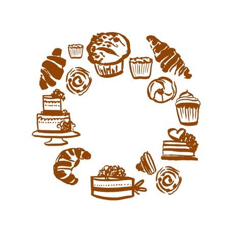 Bakery hand drawn illustration. Cake set. Logo designのイラスト素材