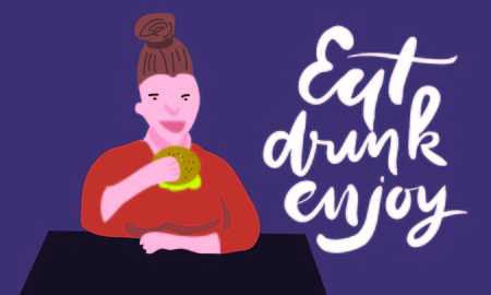 Eat, drink, enjoy. Women eating burger. Women illustration in cafeのイラスト素材