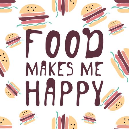 Food makes me happy. Food background. Burgers hand drawn illustration for your design: wallpaper, menu, textileのイラスト素材