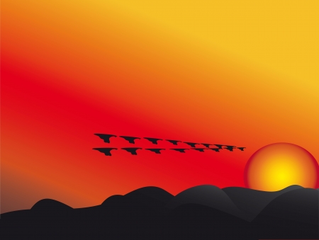 autumn; on the backdrop of the setting sun the birds fly awayのイラスト素材