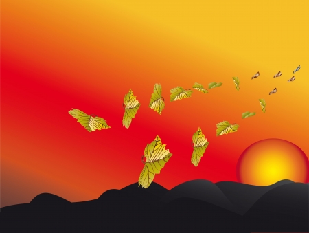 autumn;the h of the setting sun leaves fly awayのイラスト素材