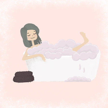 cute girl in bath with bubble. Winter evenings.Cozy home.の写真素材
