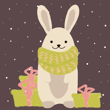 winter rabbit in sczarf with gifts cute warm winter wishesのイラスト素材