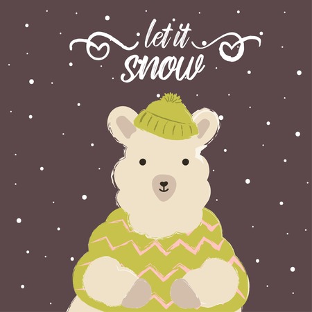 llama winter in hat and scarf cute hello december let it snowのイラスト素材