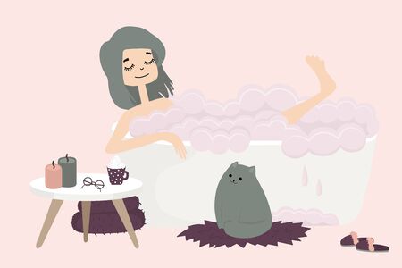 Young woman with cat is taking a bath. Relaxation in cozy home. Girl in the bathroom. Vector illustration.のイラスト素材